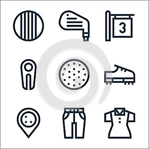 golf line icons. linear set. quality vector line set such as polo shirt, pants, golf, shoe, golf ball, divot, tee, iron