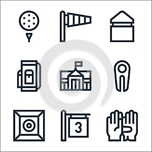 Golf line icons. linear set. quality vector line set such as gloves, tee, training, divot, golf club, golf bag, tee, windsock photo