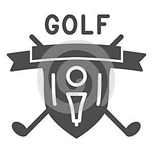 Golf logo with golfball and crossed sticks solid icon, sport concept, Golf club emblem sign on white background, shield