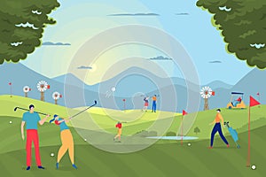 Golf play people vector illustration. Participants spend leisure time doing sport on playing field. Girl hit ball with