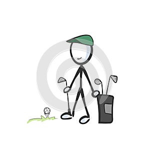 Golf player with a club bag and equipment. Golf field. Hand drawn. Stickman cartoon. Doodle sketch, Vector graphic illustration