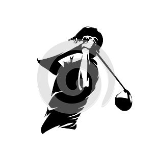 Golf player, golf club logo, isolated vector silhouette, ink drawign