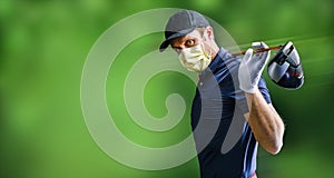 Golf player with golf club and protection mask - COVID-19