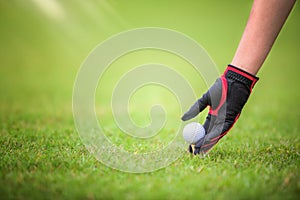 Golf player and golg ball on Tee off green photo