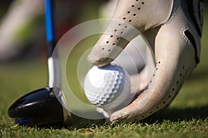 Golf player placing ball on tee