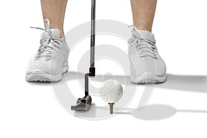 Golf player with putter golf club ready to hit the ball