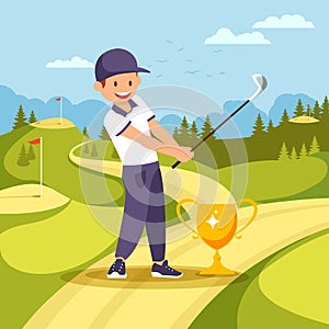 Golf Player Stand near Goblet with Club in Hands