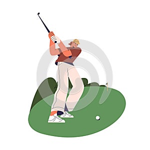 Golf player swings to hit, strike golfball with putter. Professional golfer training strokes on field. Young woman play