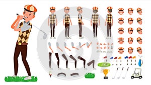 Golf Player Vector. Animated Character Creation Set. Football Tools And Equipment. Full Length, Front, Side, Back View