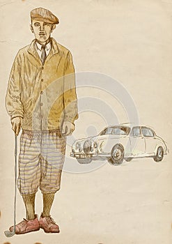 Golf player - vintage man (with car)