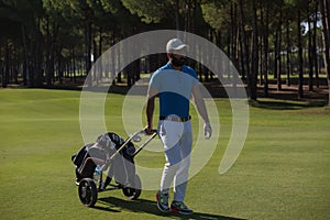 Golf player walking with wheel bag