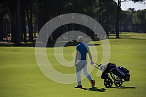 Golf player walking with wheel bag