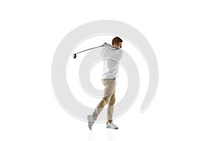 Golf player in a white shirt taking a swing isolated on white studio background