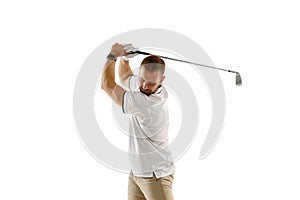 Golf player in a white shirt taking a swing isolated on white studio background