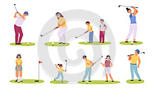 Golf players characters. Different ages golfers, happy men, women and children with with golf clubs, family sport summer