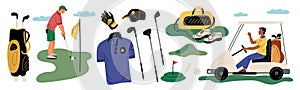 Golf players. Different sport accessories. Professional sportsman with club bag and ball. Game equipment. Golfing car