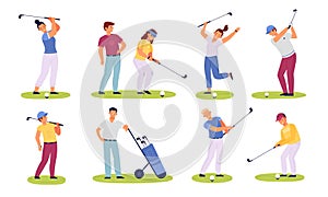 Golf players people. Male and female golfers, sportive characters, club members play on green fields, hitting ball with