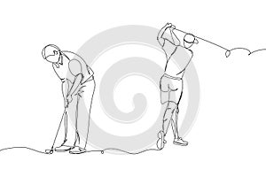 Golf players set one line art. Continuous line drawing hitting the ball with a club, game, golf, player, relaxation