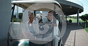 Golf players sit cart get ready outside. Active couple going drive car on course