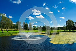 Golf pond with fontain