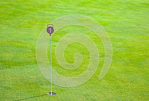 Golf practice putting green hole and marked with a red sign with space