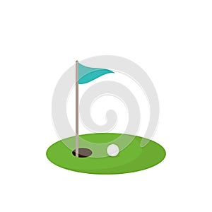 Golf red flag on green grass and hole. Isolated on white background