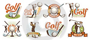 Golf retro logo with clubs balls and golfer
