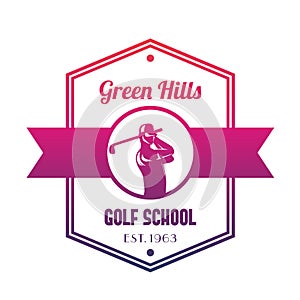 Golf school logo, emblem with golfer swinging club
