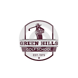 Golf school vector logo, emblem with golfer