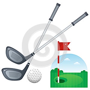 Golf set. Color image of cartoon putter with ball and playground on white background. Sports equipment. Vector illustration