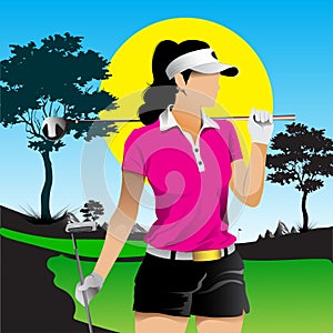 golf silhouette, Female golfer and golf course,