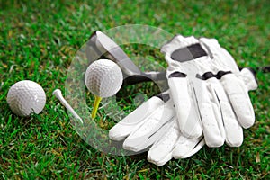 Golf sport equipment set on field