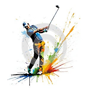 Golf sport golfer man swing action splash painting