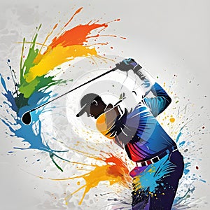 Golf sport golfer man swing action splash painting