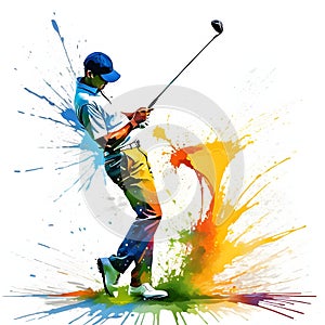 Golf sport golfer man swing action splash painting