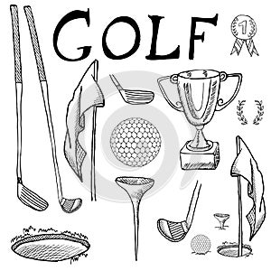 Golf Sport Hand drawn sketch set vector illustration with golf clubs, ball, tee, hole with flag, and prize cup, Drawing doodles el