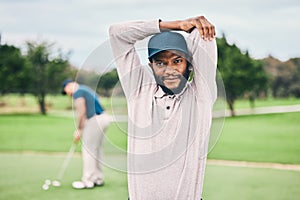 Golf, sports and portrait of black man stretching on course for game, practice and training for competition
