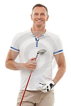 Golf sports, portrait and man in studio isolated on white background ready to start game. Training, golfer and mature