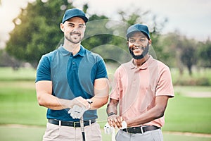 Golf, sports and portrait of men with smile on course for game, practice and training for competition. Professional