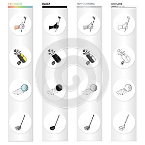 Golf stick in hand, putter in bag, ball in flight, stick. Golf set collection icons in cartoon black monochrome outline