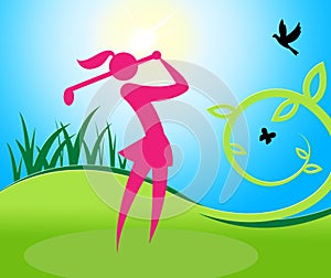 Golf Swing Woman Shows Women Golfer And Golfing