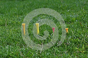 Four fore golf tees in lawn photo