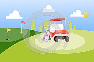 Golf tournament cartoon poster background vector illustration. Summer sports competition and outdoor leisure. Bag with