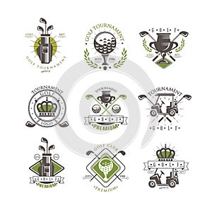 Golf tournament logo set, vintage labels for golf championship, sport club, business card vector Illustration on a white