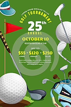 Golf tournament, poster, banner design template. Vector illustration. Ball, bag with golf clubs on green background