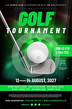 Golf tournament poster template with ball, club and sample text