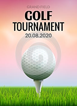 Golf tournament poster template flyer. Golf ball on green grass for competition. Sport club vector design