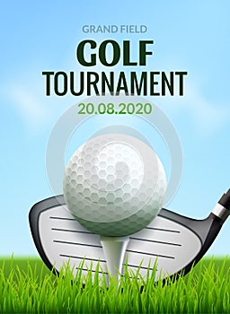 Golf tournament poster template flyer. Golf ball on green grass for competition. Sport club vector design