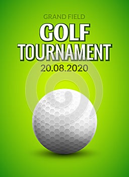 Golf tournament poster template flyer. Golf ball on green grass for competition. Sport club vector design