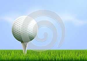 Golf tournament poster template flyer. Golf ball on green grass for competition. Sport club vector design